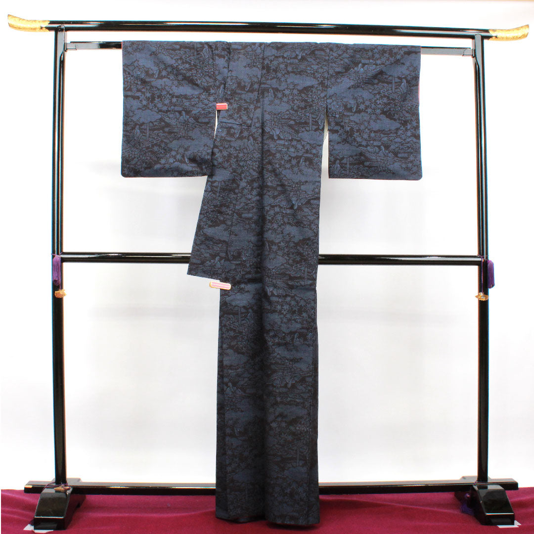 結城紬 身丈164.5cm 裄丈64.5cm 重要無形文化財 本場結城 100亀甲 正絹 Aランク 袷 紺系 1116002853418