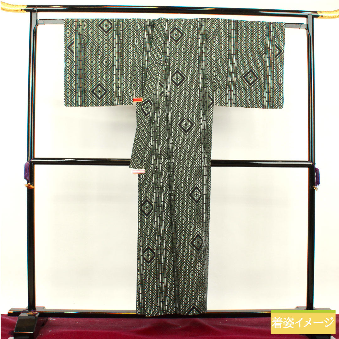 Yukata, cotton, length 153.5cm, sleeve length 73cm, S rank, single layer, green, Shimamatsunezuiro, men's, geometric pattern, Kansai Yamamoto, 1118004902519