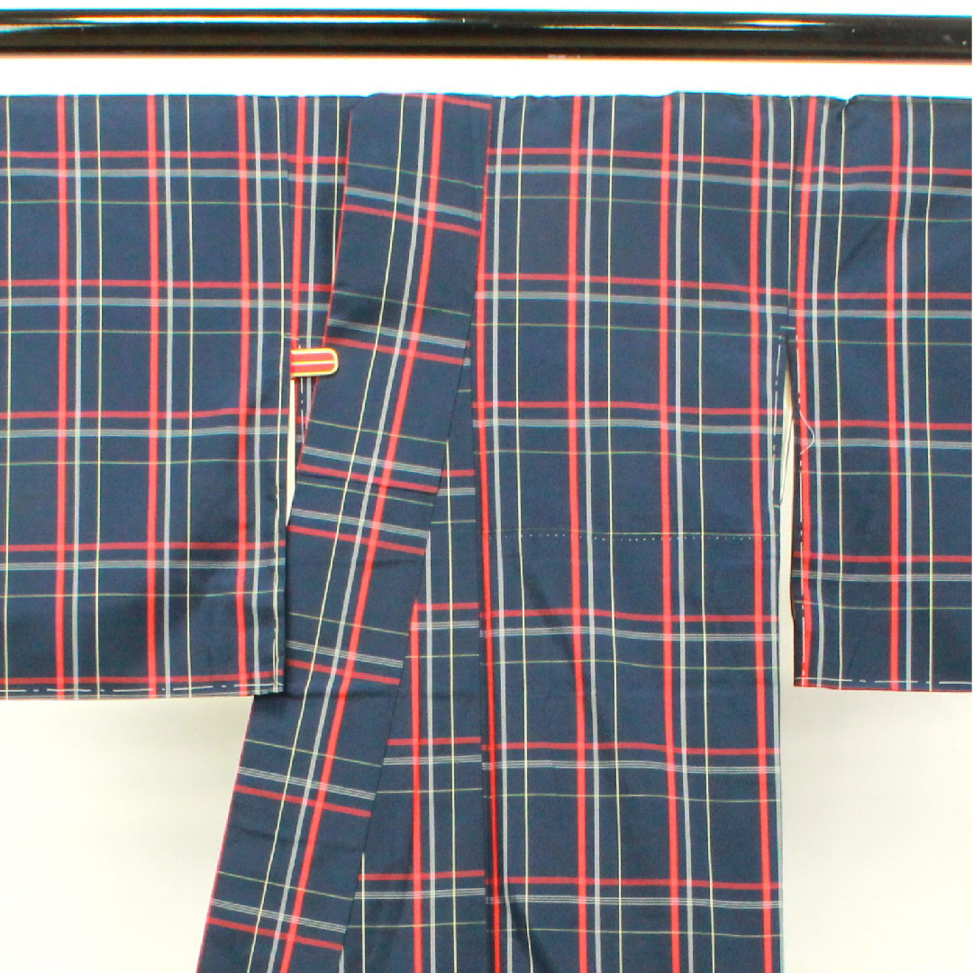 縞大島 身丈162.5cm 裄丈65.5cm 濃紺色 格子 正絹 Aランク 袷 紺系 1116002343418