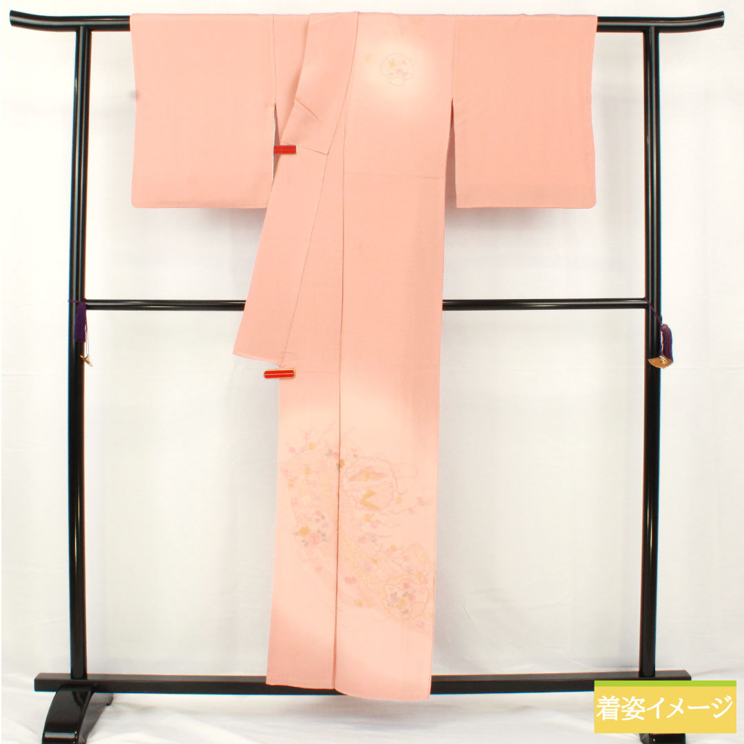 色留袖 正絹 身丈155cm 裄丈62.5cm 袷 東雲色（しののめいろ） 蘇州刺繡 吉祥文様 一つ紋 丸に違い鷹の羽 Bランク ピンク系 1111001694313