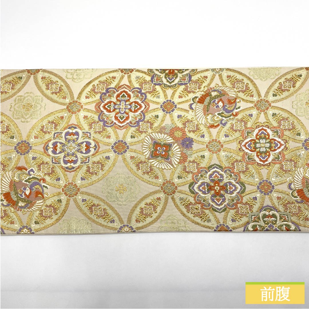 Fukuro Obi, pure silk, powder color, for Tomesode and Furisode, Shippo pattern, flower pattern, obi length 436cm, A rank, six-way, formal, cream color, 1123013703315