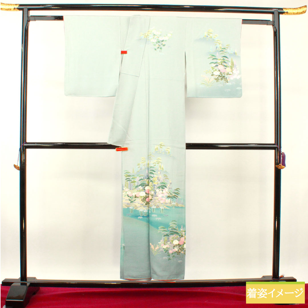 訪問着 正絹 袷 身丈151.5cm 裄丈63cm 青白磁色 京加賀友禅 峰山和生 吉祥文様 Sランク 水色系 1112003812224