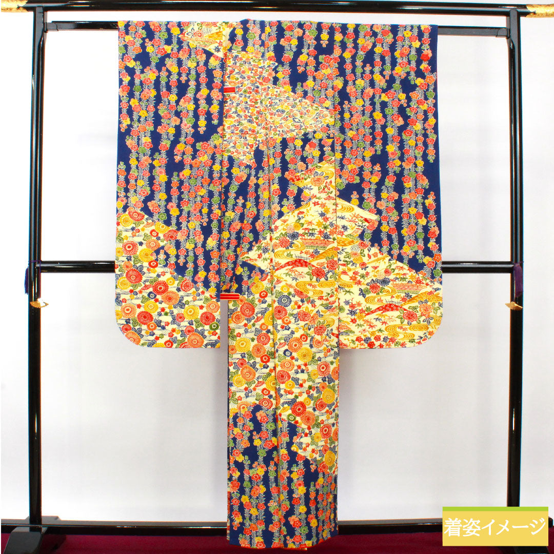 Furisode, pure silk, length 157.5cm, sleeve length 62.5cm, lined, dark navy blue, Kyoto Bingata, auspicious motif, S rank, navy blue, 1113002082318