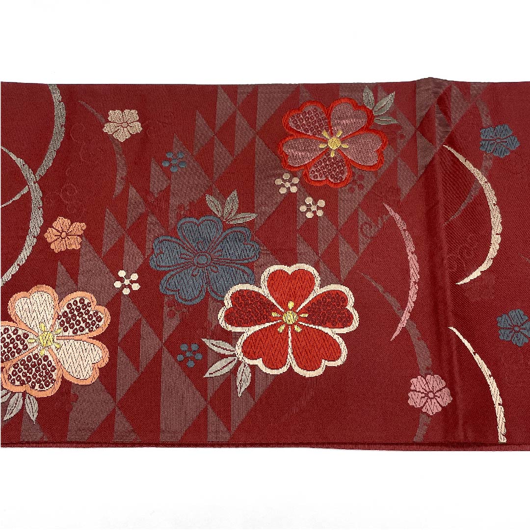 名古屋帯 京袋帯 深緋色 芝草 桜 鱗 唐草 帯丈381cm ポリ Sランク 六通 セミフォーマル 朱系 1124003322316  開き仕立て