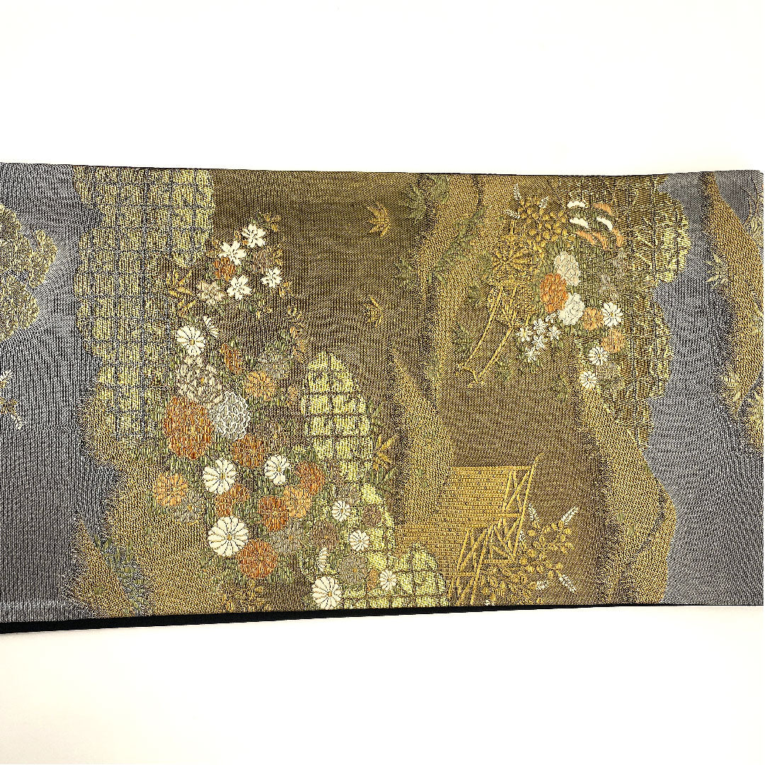 袋帯 花車 帯丈430cm 正絹 Sランク 六通 フォーマル グレー系 1123002702322