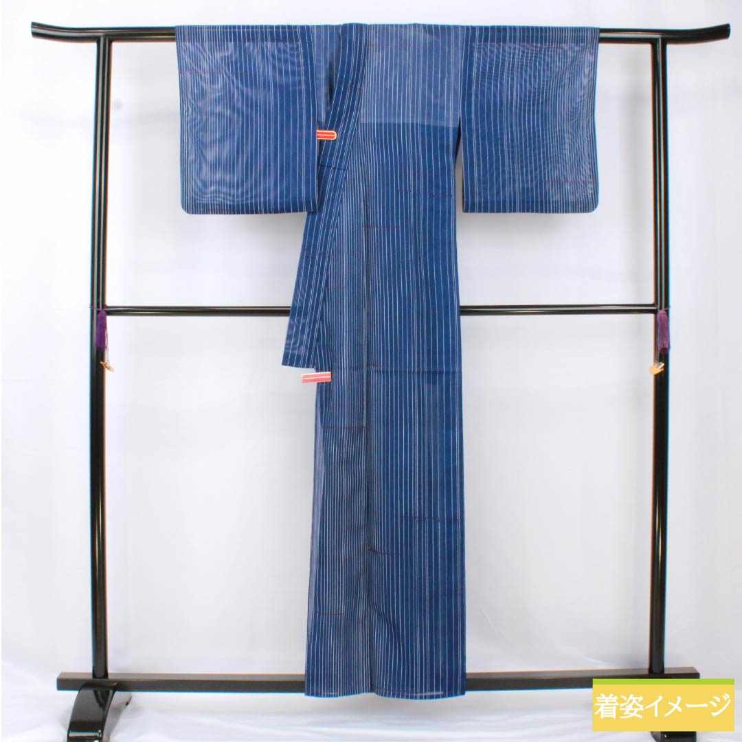 Summer kimono, polyester, small pattern, length 158cm, sleeve length 63.5cm, navy blue, striped, line pattern, washable kimono, silk, A rank, blue 1132001963317