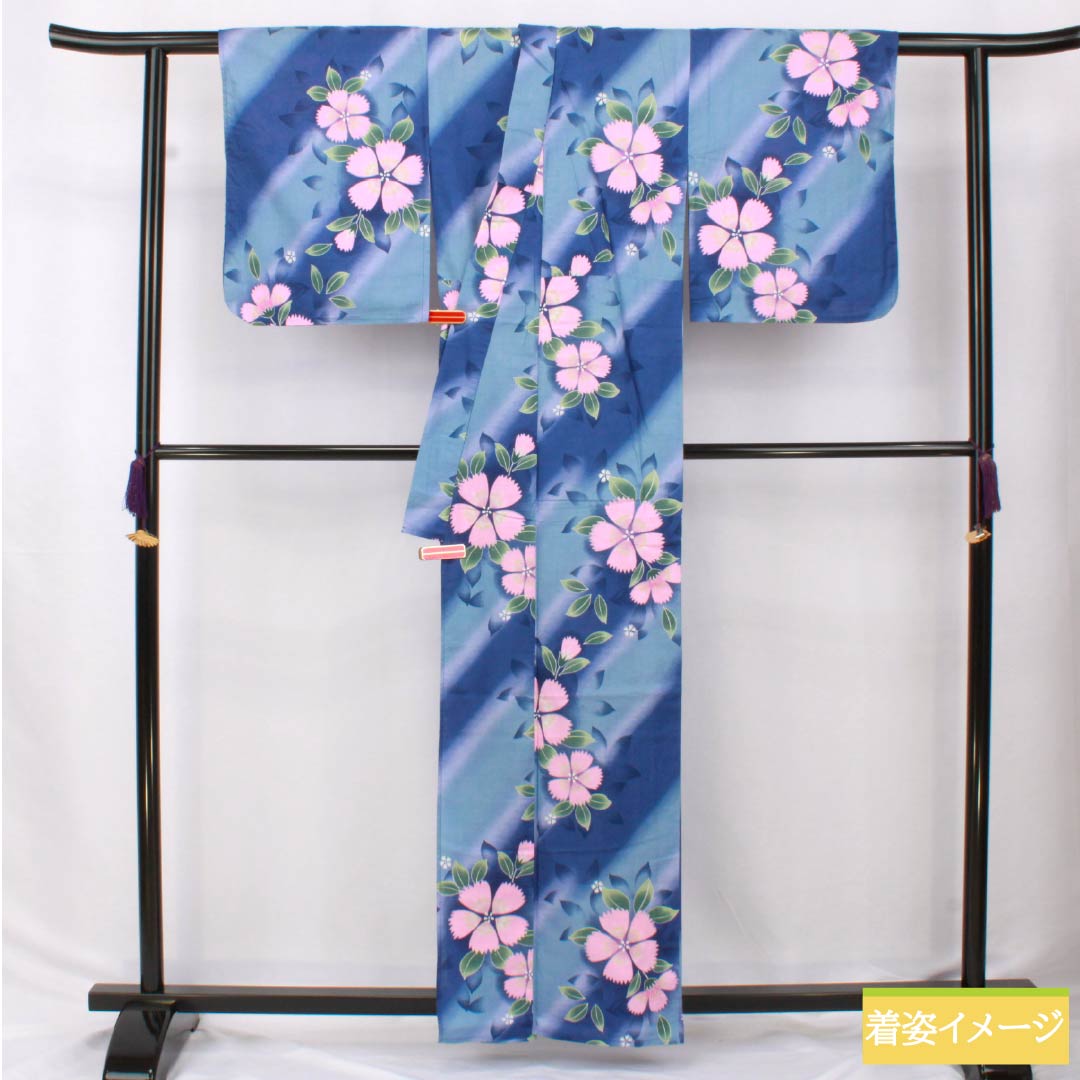 Cotton Yukata, Length 160cm, Sleeve Length 64.5cm, S Rank, Single Layer, Blue, Navy Blue, Forget-me-not Green, Diagonal Stripes, Pink, 1118006232417