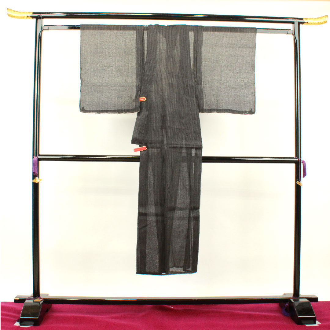 夏物 正絹 男物 身丈140.5cm 裄丈64.5cm 黒鼠色（くろねずいろ） 縞 紗 Aランク 黒系 1132001793110