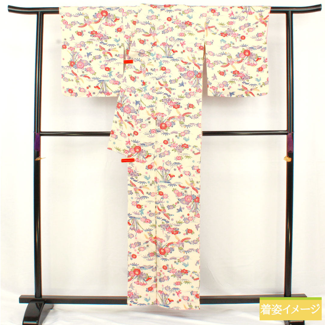 小紋 正絹 身丈157cm 裄丈64cm 袷 生成り色（きなりいろ） 京紅型 吉祥文様 Aランク クリーム系 1115004893315