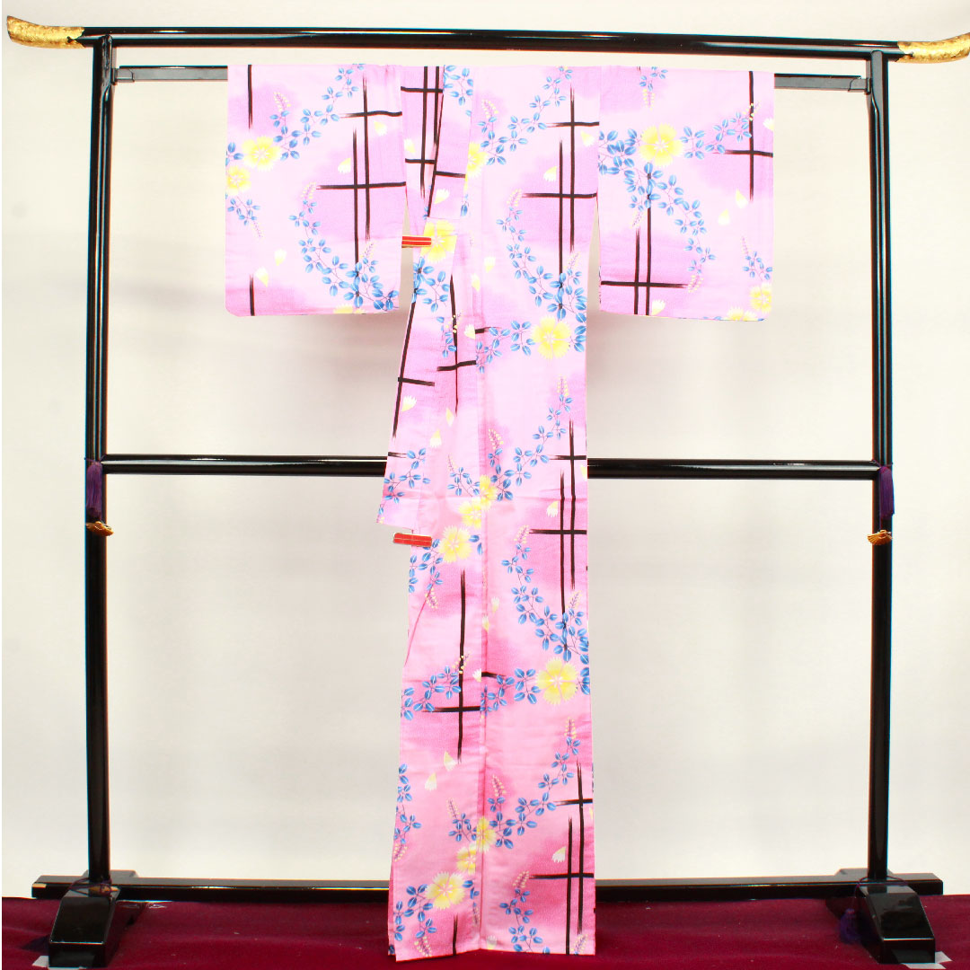 浴衣 中紅花色 撫子 萩 木綿 Sランク 単衣 身丈166cm 裄丈66cm ピンク系 1118002812513