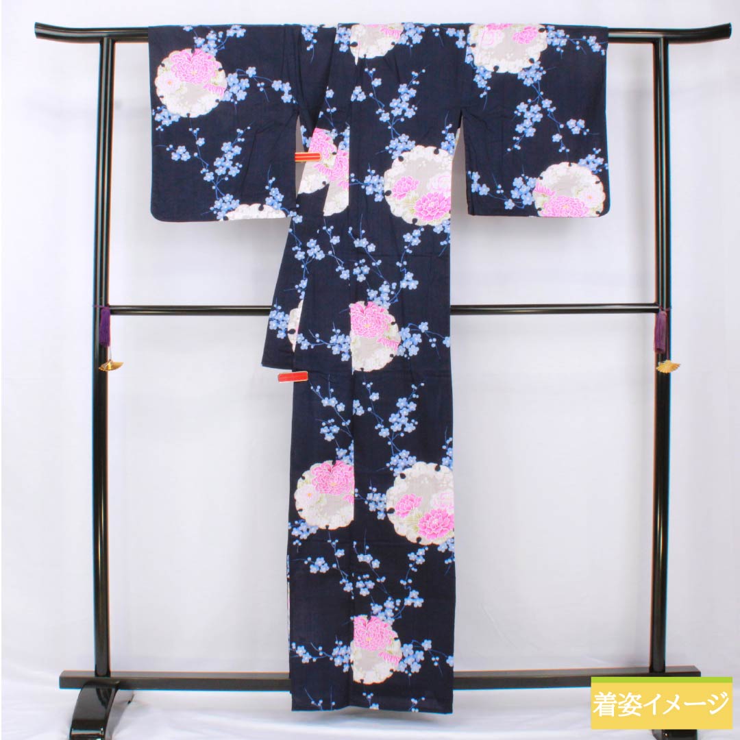 Yukata Cotton Length 161cm Sleeve length 68cm S rank Single layer Navy Deep navy blue Snowflake Flower pattern 1118005492418