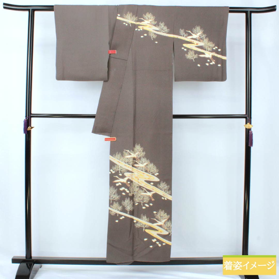訪問着 正絹 Aランク 袷 身丈152cm 裄丈63.5cm 消炭色（けしずみいろ） 京友禅 一つ紋 陰上り藤 流水 鶴 グレー系 1112007203222