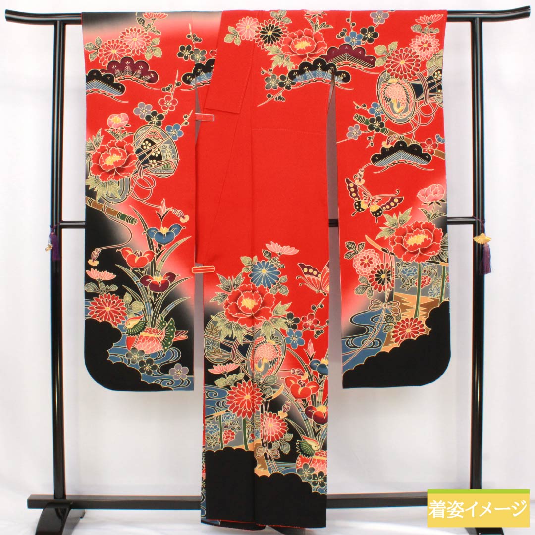 リサイクル着物】振袖 正絹 Sランク 身丈161.5cm 裄丈67.5cm 袷 赤色