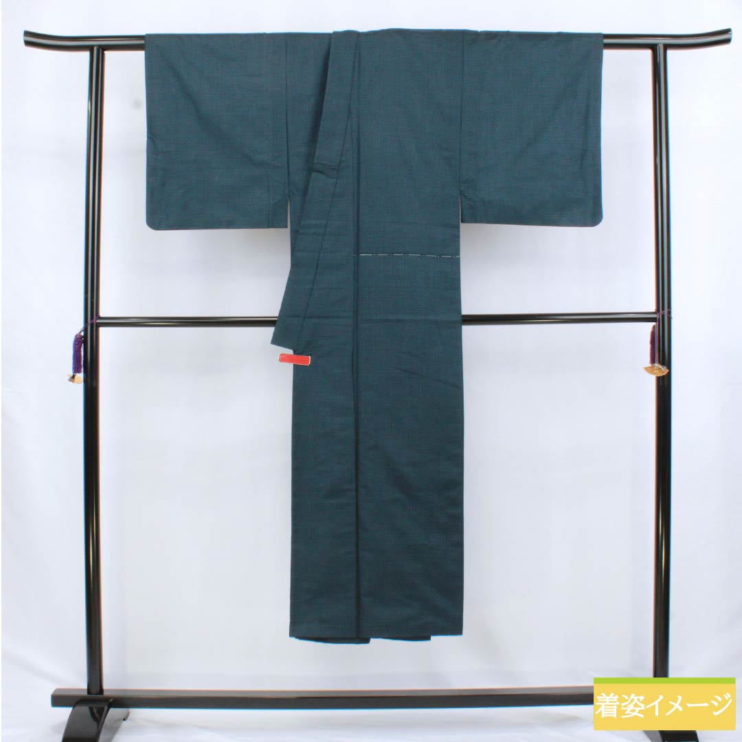 男物 正絹 Sランク 身丈139.5cm 裄丈64cm 伯林青色（べれんすいろ） 幾何学模様 アンサンブル 羽織紐付き 袷 青系 1119001302317