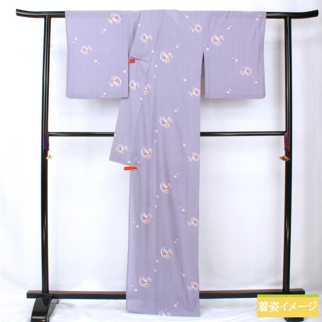 夏物 ポリエステル 小紋 身丈167cm 裄丈64.5cm 紅湊色（べにみなといろ） 月見うさぎ 洗える着物 紗 Sランク 紫系 1132002172520