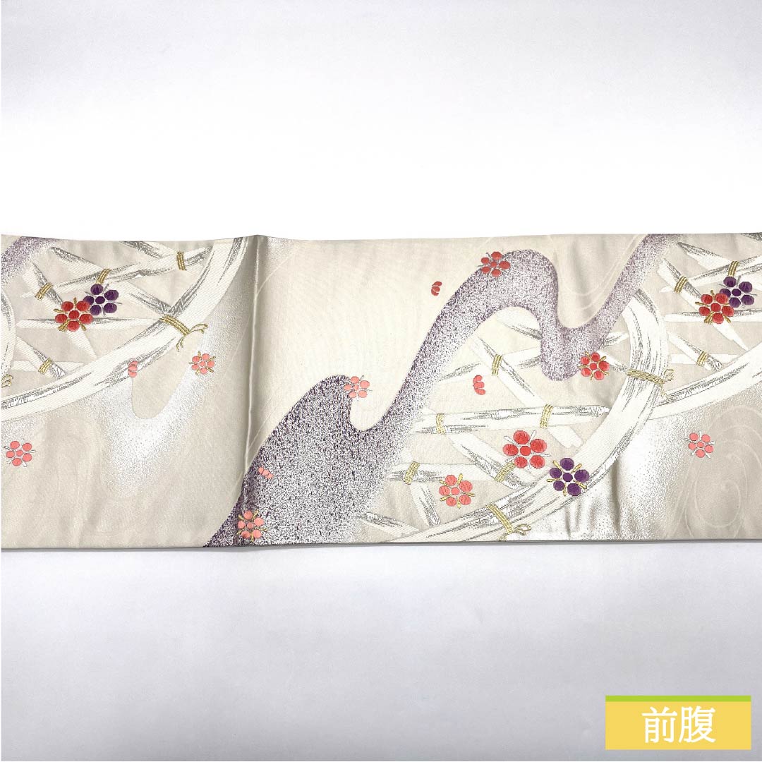 袋帯 正絹 Sランク 竹垣 流水 梅鉢 留袖用 帯丈432cm 六通 セミフォーマル 銀系 1123015362322