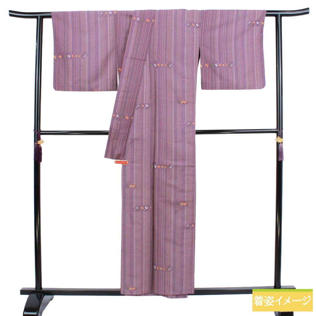小紋 ポリエステル Sランク 身丈156.5cm 裄丈69.5cm 単衣 半色（はしたいろ） 洗える着物 縞 蝶 紫系 1115008192320