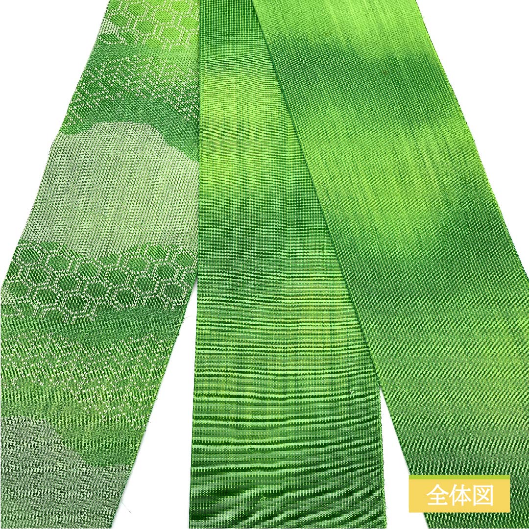半幅帯 ポリエステル 常盤色（ときわいろ） 亀甲模様 古典柄 帯丈356cm 緑系 Aランク 1125001023319