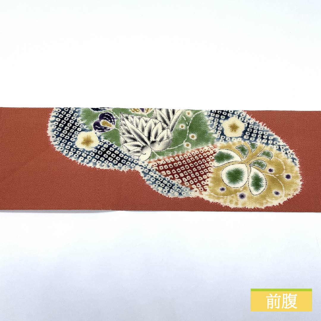 名古屋帯 珊瑚色（さんごいろ） ちりめん地 辻ヶ花 帯丈360cm 正絹 Sランク ポイント柄 カジュアル 橙系 1124008292326 名古屋仕立て