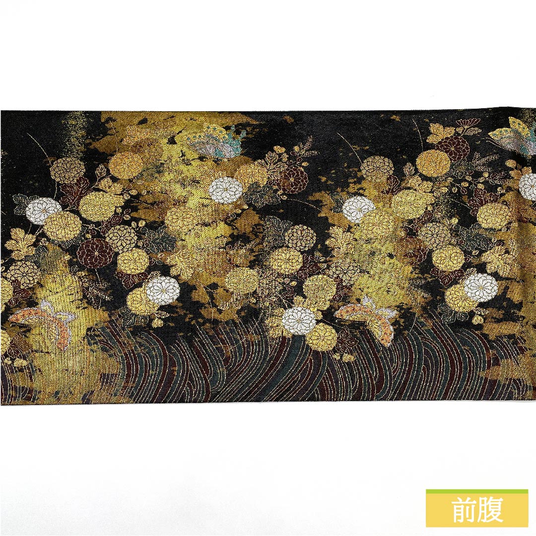 極美品✦正絹袋帯 ※美しい蝶の模様が大変華やかです。 リサイクル着物】袋帯 正絹 黒色（くろいろ） 万寿菊 蝶 帯丈450cm S