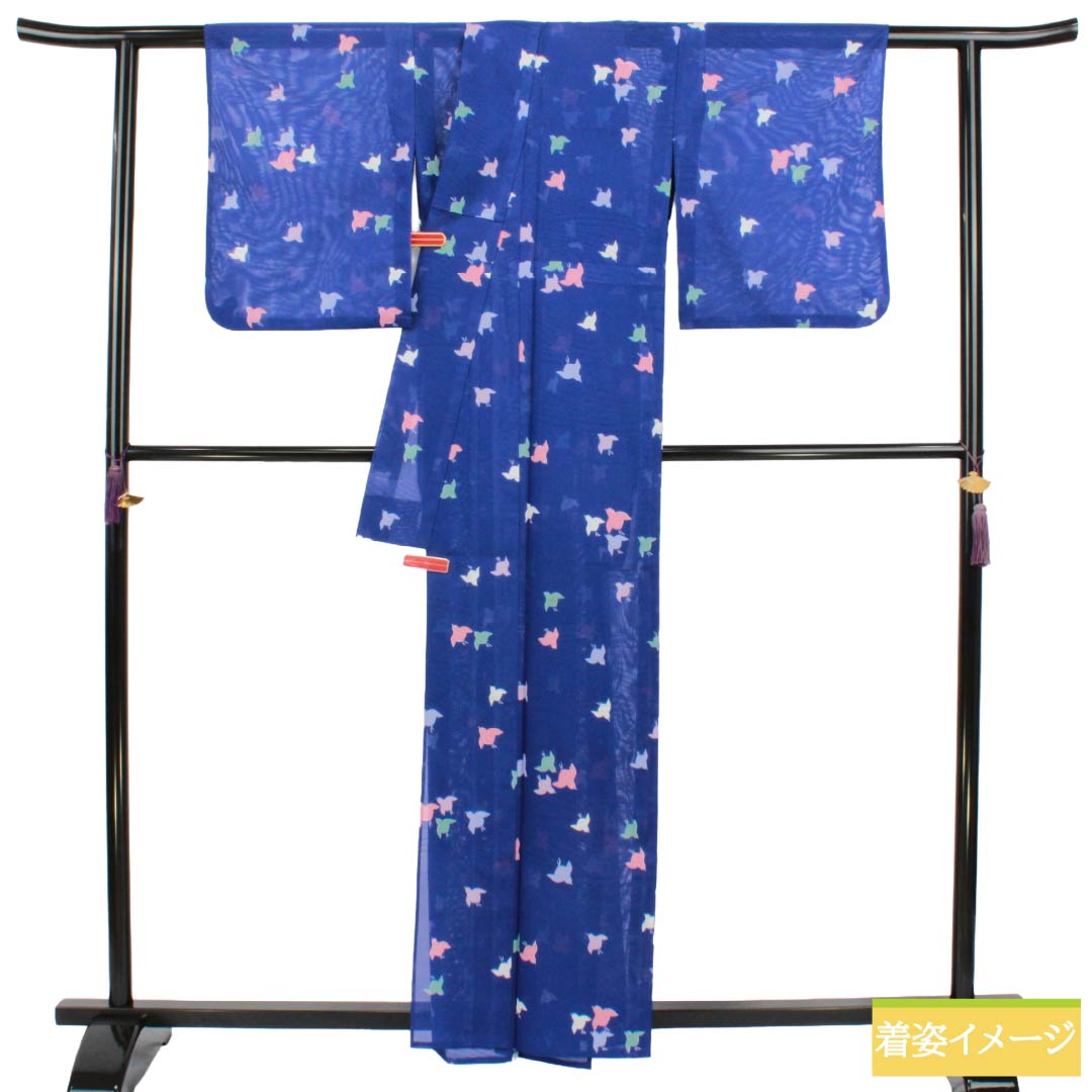 夏物 ポリエステル 小紋 Sランク 身丈160cm 裄丈64cm 桔梗色（ききょういろ） 千鳥 洗える着物 絽 紺系 1132005182418