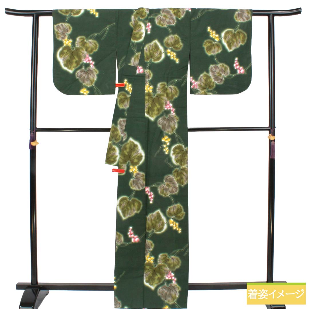 浴衣 木綿 Aランク 身丈165.5cm 裄丈67.5cm 夏虫色（なつむしいろ） 蔦ぶどう 単衣 緑系 1118007203519