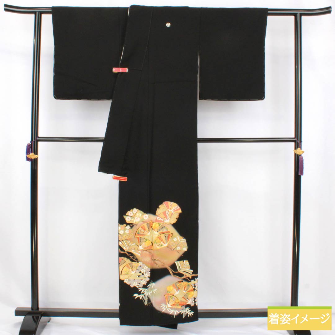 黒留袖 正絹 Aランク 身丈155.5cm 裄丈66.5cm 袷 京友禅 五つ紋 丸に木瓜 吉祥文様 金駒刺繡 鶴 五つ紋 黒系 1111001953310