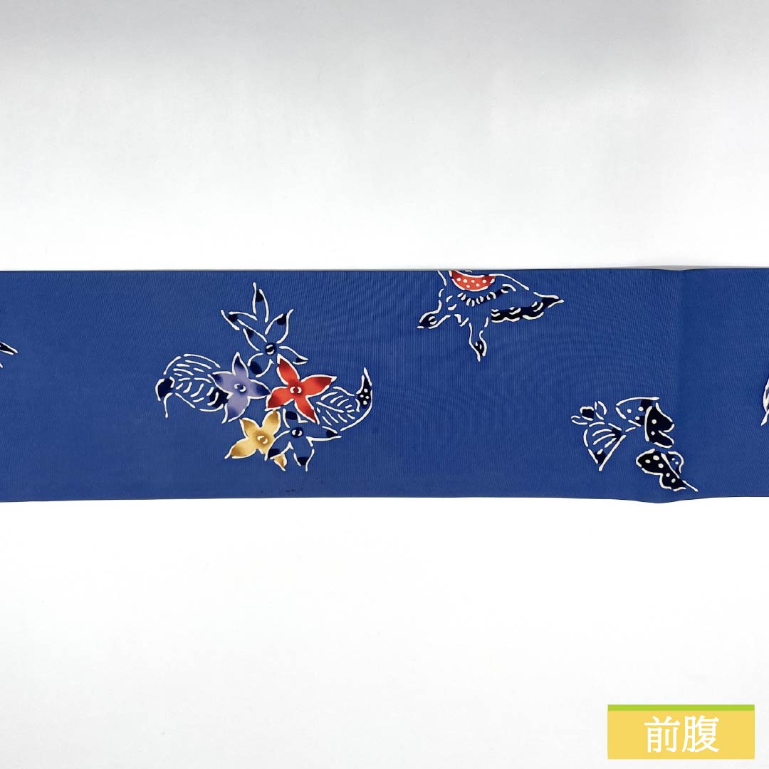 Nagoya Obi, Pure Silk, Grade A, Tsuyukusairo (Dew Grass Green), Stencil Dyed with Bingata-inspired Floral Pattern, 350cm Long, Pointed Pattern, Casual Style, Blue, Product Number: 1124010583317, Nagoya Style