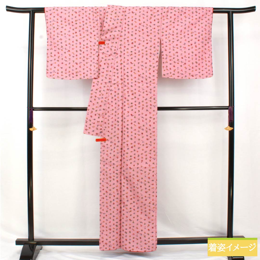 小紋 ポリエステル 身丈160cm 裄丈67cm 袷 一斤染色（いっこんぞめいろ） 型染 洗える着物 果実 しつけ糸付き Sランク ピンク系 1115005022413
