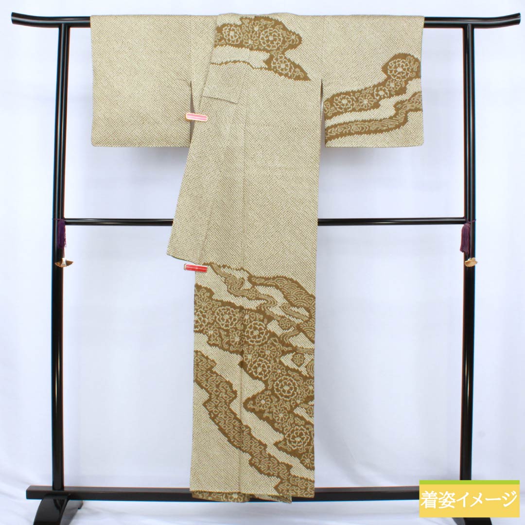 訪問着 正絹 Aランク 袷 身丈153cm 裄丈62.5cm 千歳茶色（せんざいちゃいろ） 絞り 菊 流水 しつけ糸付き 緑系 1112006753219