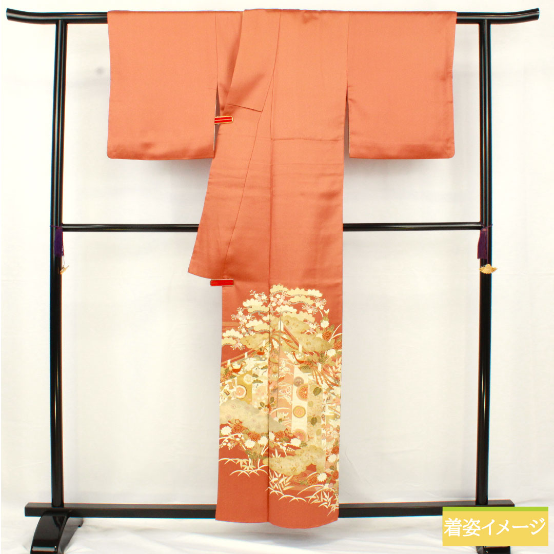 色留袖 正絹 身丈157cm 裄丈63cm 袷 珊瑚色（さんごいろ） 京友禅 桜 松竹梅 一つ紋 星梅鉢 重ね衿付き Aランク 橙系 1111001513326
