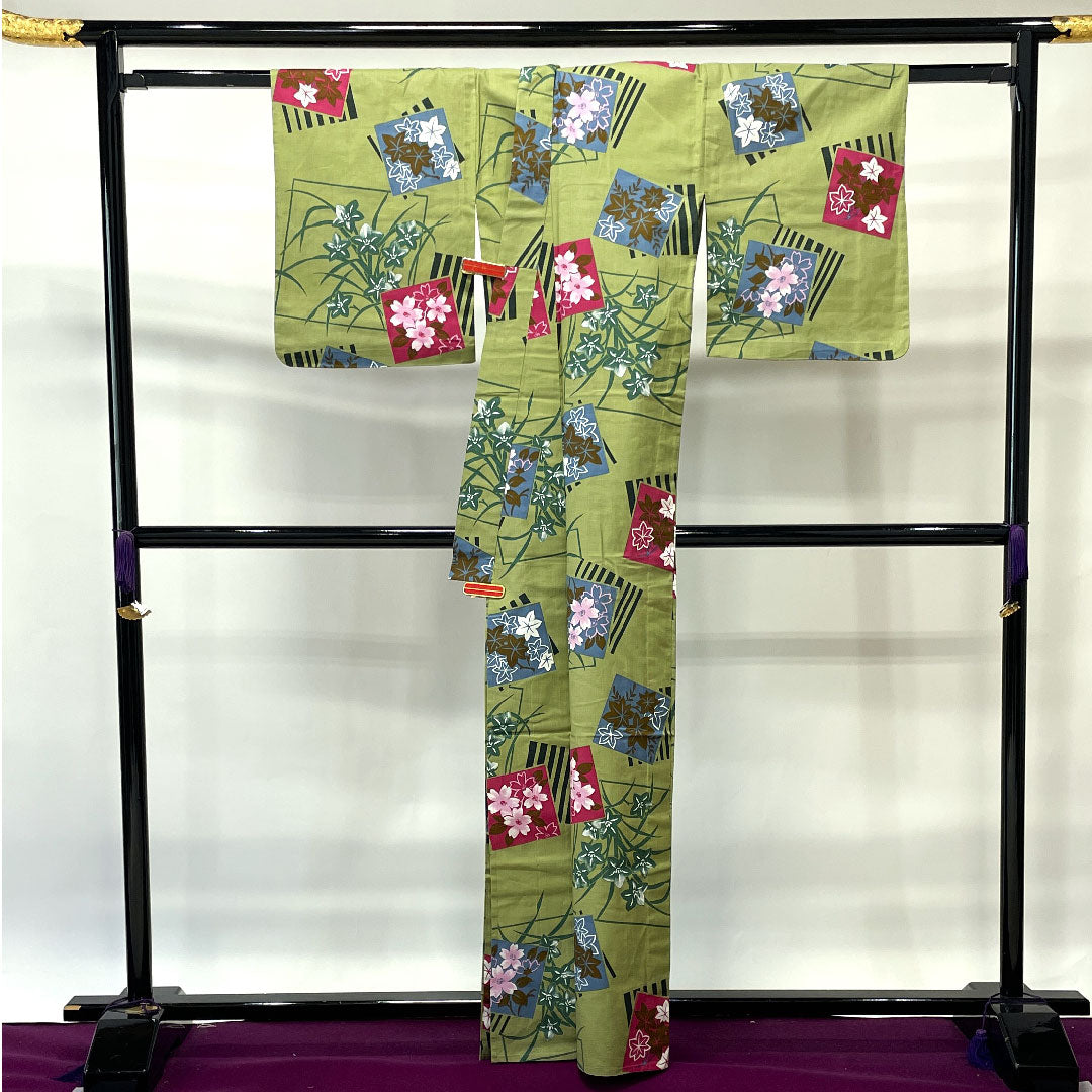 浴衣 浅青朽葉色 桜 紅葉 木綿 Sランク 単衣 身丈163.5cm 裄丈67cm 緑系 1118002262419
