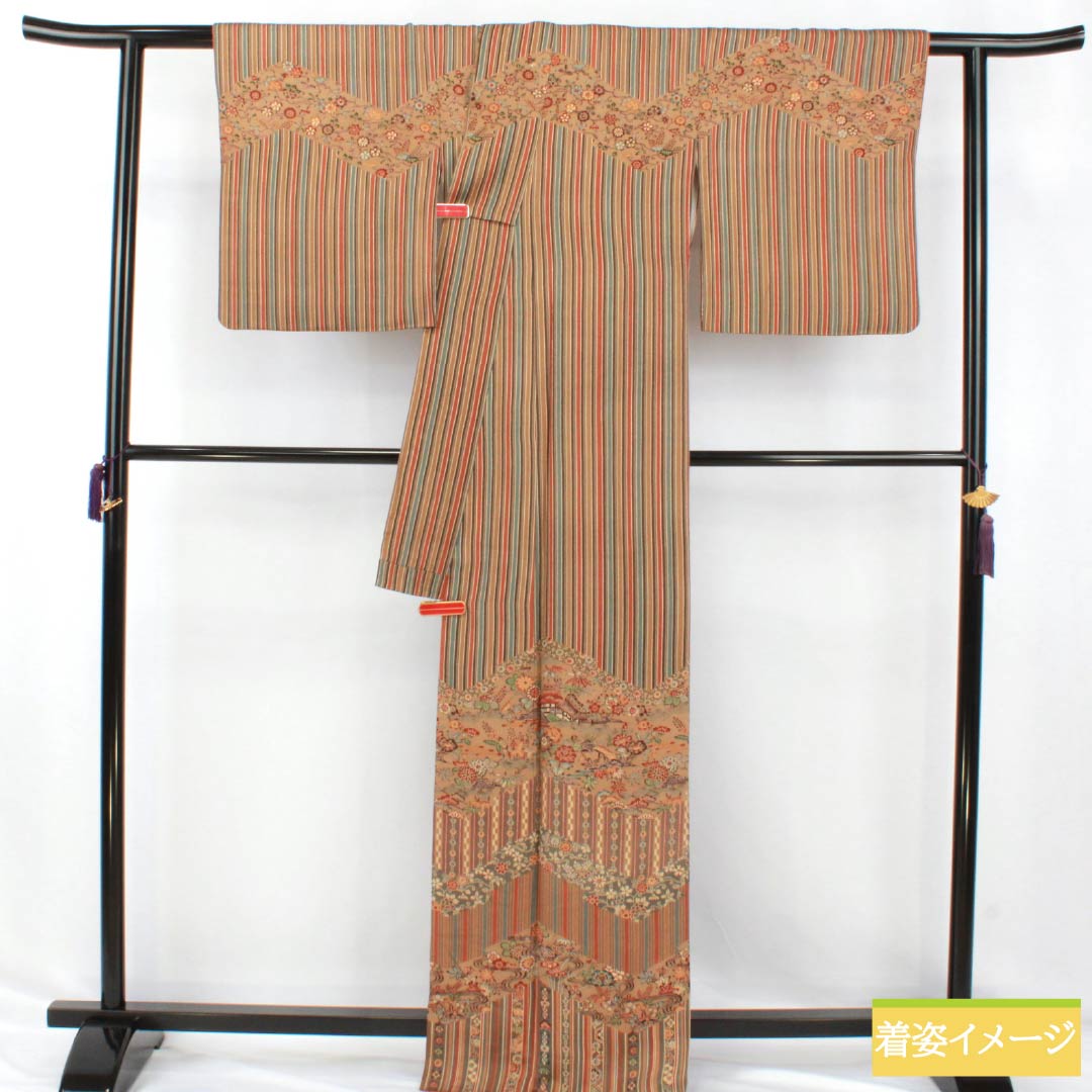 訪問着 正絹 Sランク 袷 身丈165.5cm 裄丈66.5cm 遠州茶色（えんしゅうちゃいろ） 京紅型 縞 茶屋辻 橙系 1112006892526