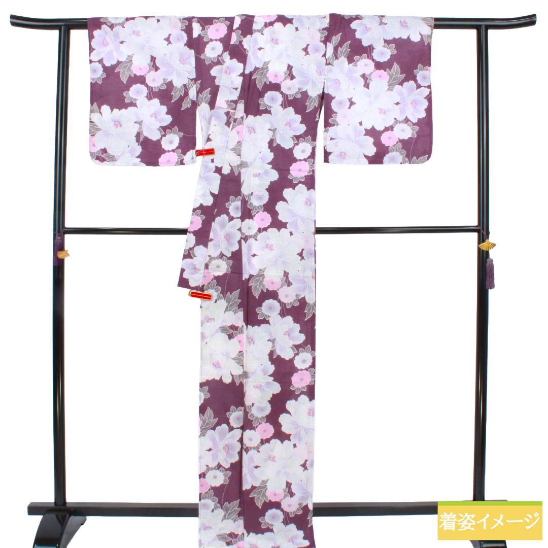 浴衣 木綿 Sランク 身丈168cm 裄丈64.5cm 紫根色（しこんいろ） 花柄 単衣 紫系 1118007142520