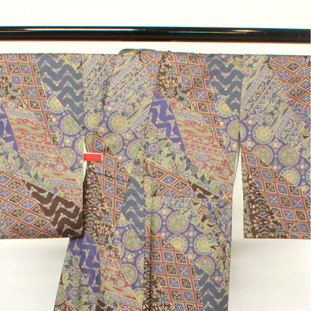 小紋 身丈153cm 裄丈61.5cm 袷  斉藤三才 更紗模様  正絹 Sランク グラデ 1115002892299