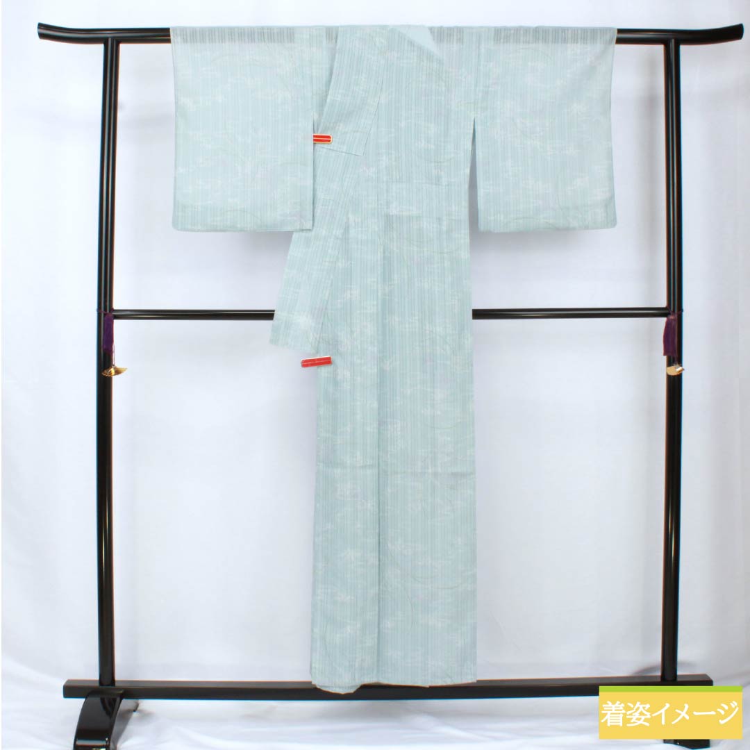 夏物 ポリエステル 小紋 身丈153cm 裄丈62.5cm 瓶覗色（かめのぞきいろ） 流水 秋草 洗える着物 紗 Aランク 水色系 1132002313224