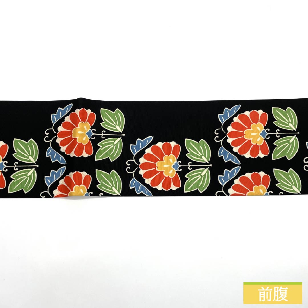 名古屋帯 正絹 Bランク 草花模様 染め帯 帯丈356cm 全通 カジュアル 黒系 1124010734310 名古屋仕立て