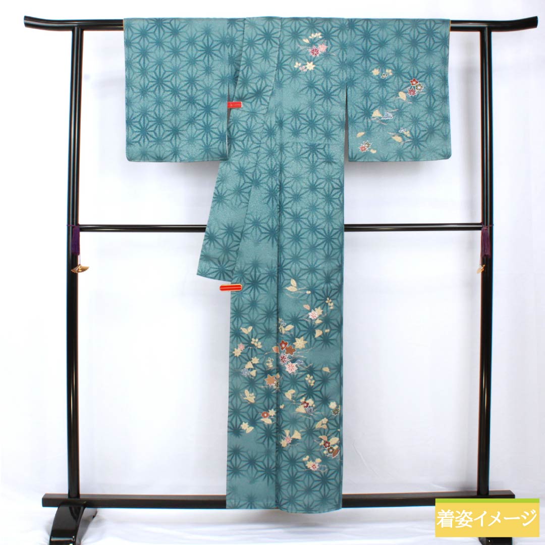 Homongi (formal kimono) made of polyester, lined, length 157cm, sleeve length 62cm, indigo brown, washable, hemp pattern, small pattern scattered, with basting thread, S rank, blue, 1112006052317