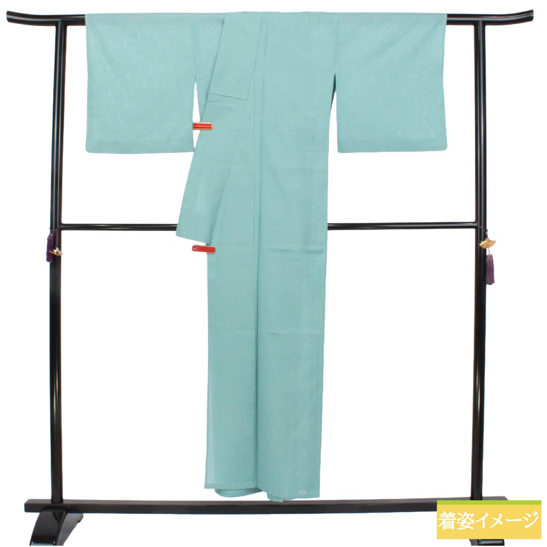 夏物 ポリエステル 色無地 Aランク 身丈151.5cm 裄丈66.5cm 薄水色（うすみずいろ） 洗える着物 素無地 一つ紋 絽 水色系 1132006183224