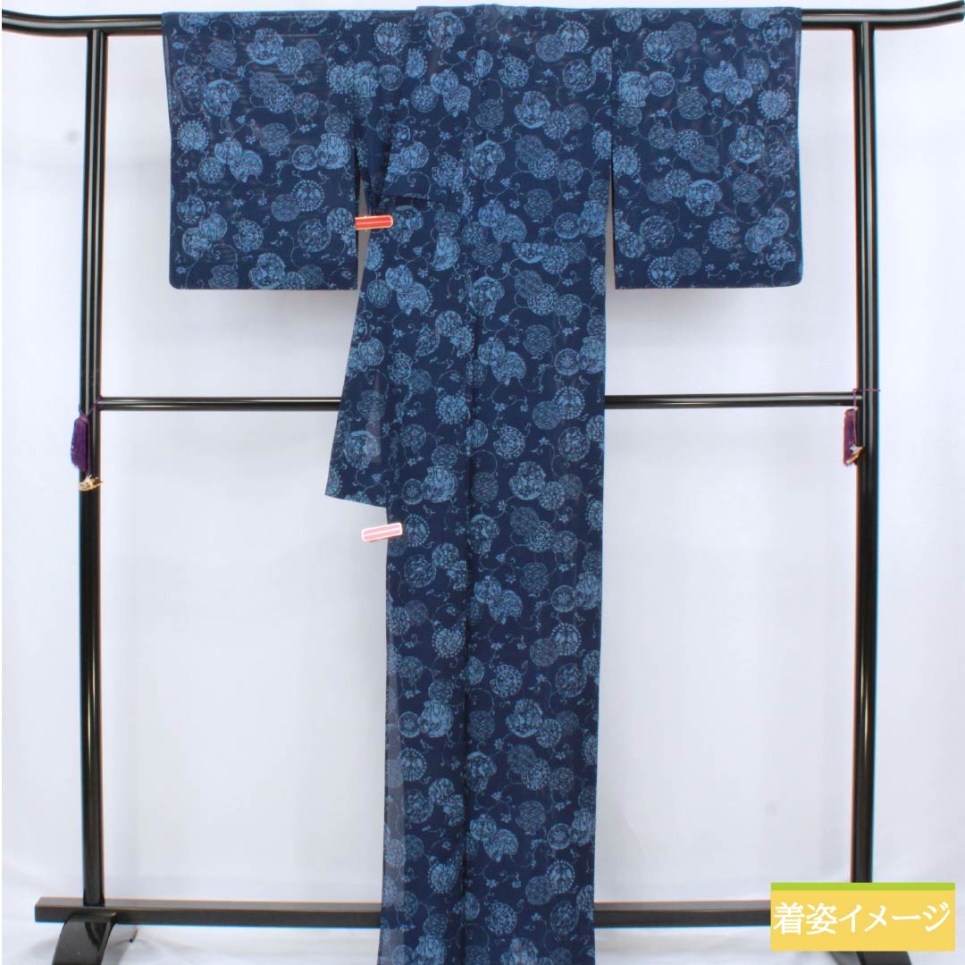 夏物 正絹 小紋 身丈163.5cm 裄丈63cm 紺色（こんいろ） 古典柄 型染 絽 Aランク 紺系 1132002713418