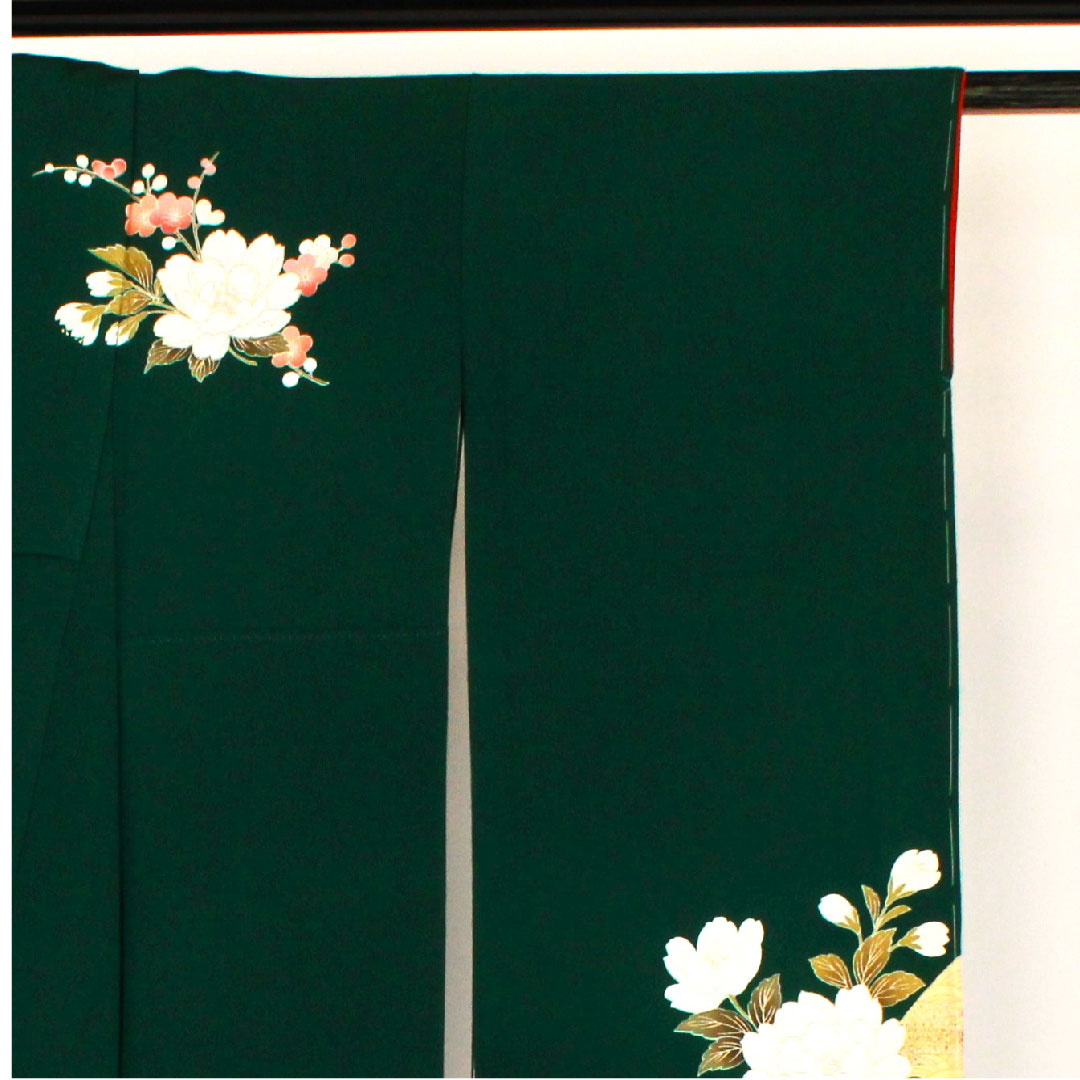 振袖 身丈165cm 裄丈65cm 袷  御所車に枝花模様 正絹 Sランク 緑系 1113000502519