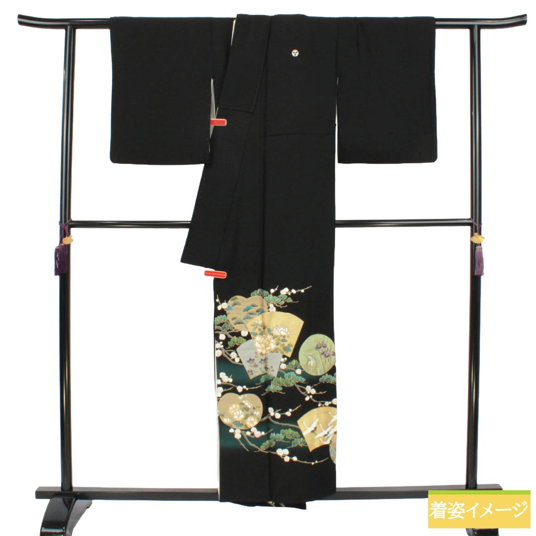 黒留袖 正絹 Aランク 身丈154.5cm 裄丈64.5cm 袷 京友禅 梅 松 吉祥文様 五つ紋 九枚笹 比翼付き 五つ紋 黒系 1111002403210