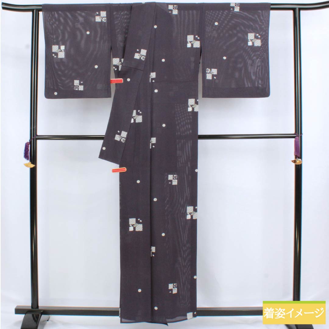 夏物 正絹 小紋 身丈158cm 裄丈67cm 褐色（かちいろ） 型染 飛び市松 古典柄 絽 Sランク 紫系 1132002802320