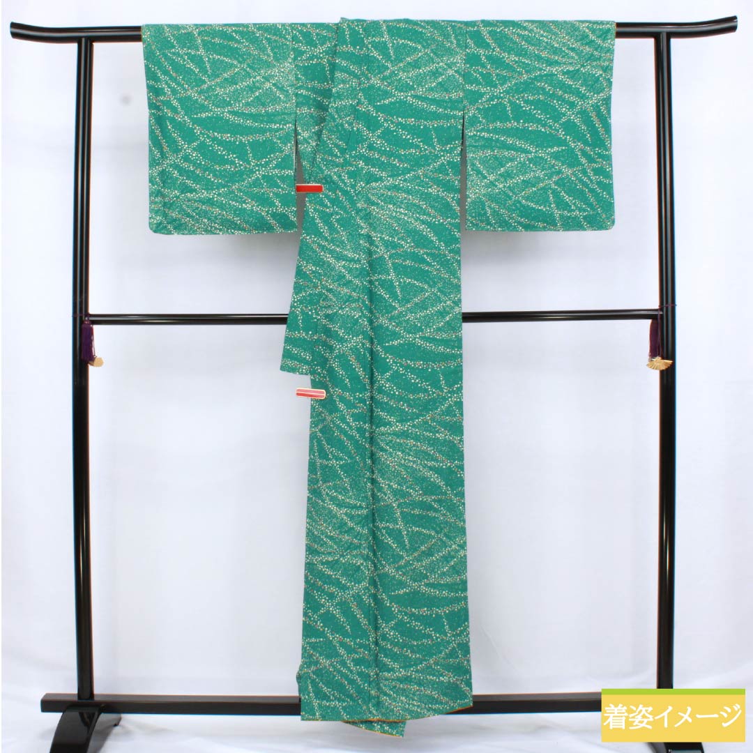 小紋 ポリエステル 身丈156cm 裄丈64cm 袷 中藍色（なかのあいいろ） ドット柄 洗える着物 しつけ糸付き Sランク 緑系 1115006222319