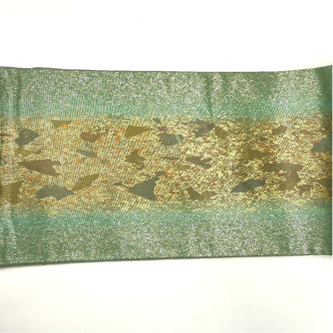 袋帯 引箔 抽象模様 帯丈442cm 正絹 Aランク 六通 セミフォーマル 緑系 1123004663319