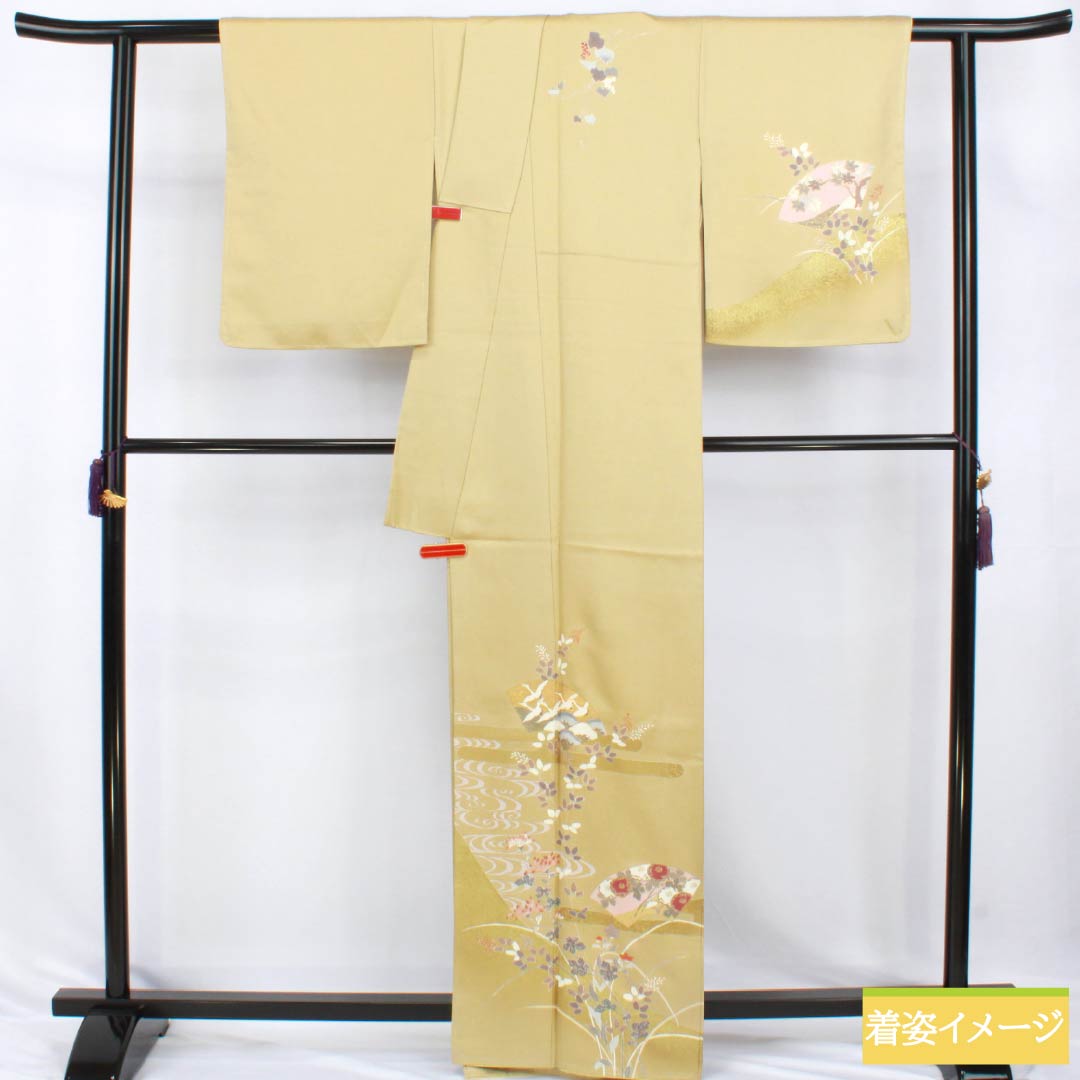 Visiting Kimono, Pure Silk, S Rank, Lined, Length 164cm, Sleeve-to-Sleeve 65cm, Gyoshikō Iro (Yellow), Tsukesage, Kyō Yūzen, Fan, Plants, With Basting Stitches, Yellow Tones, 1112007772423