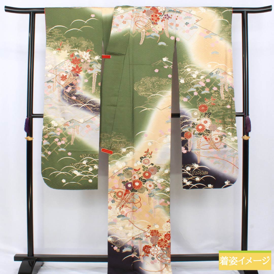 振袖 正絹 Aランク 身丈170.5cm 裄丈68.5cm 袷 山鳩色（やまばといろ） 京友禅 吉祥文様 梅 松 緑系 1113002173619