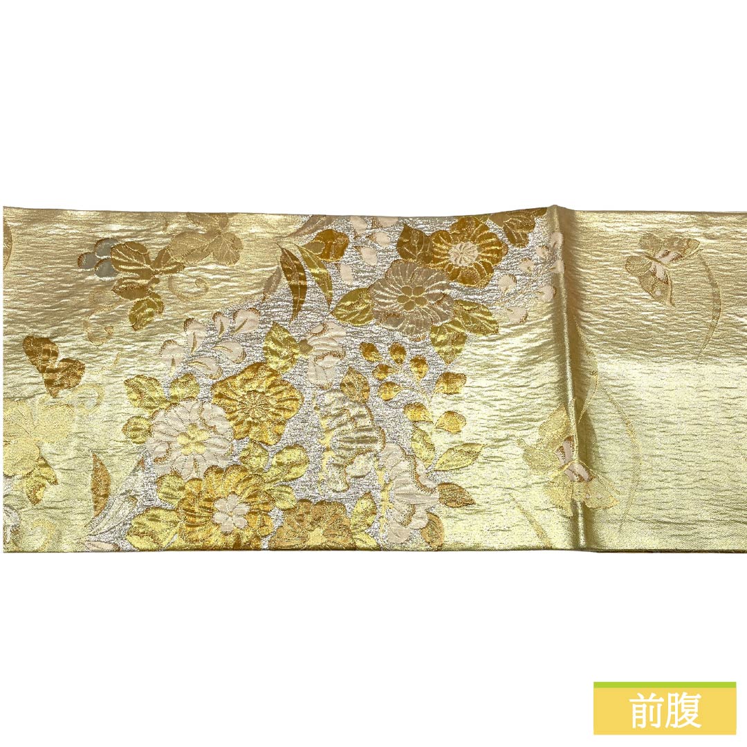 リサイクル着物】袋帯 正絹 Aランク 金色 ふくれ織 蝶 辻ヶ花 帯丈