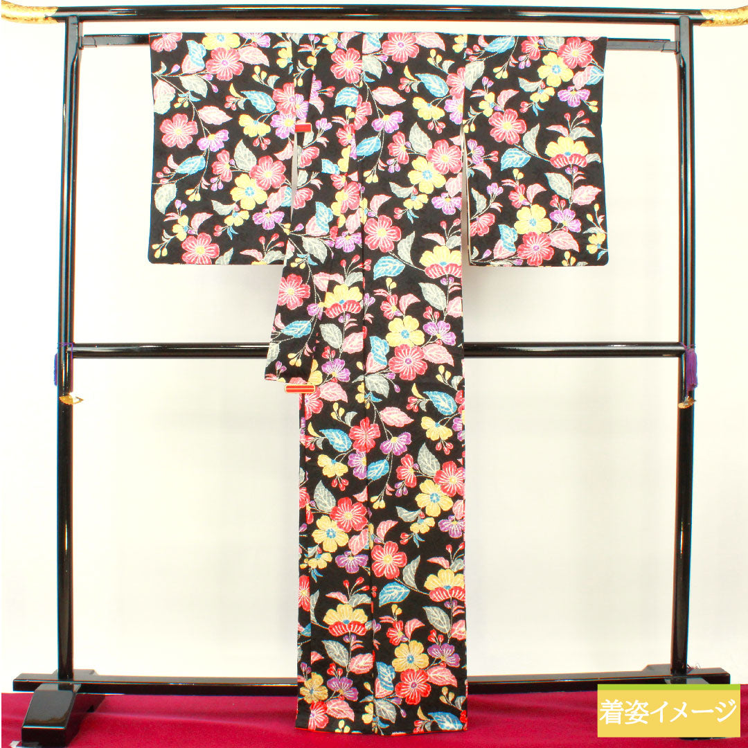 Komon, pure silk, length 165.5cm, sleeve length 67cm, lined, tie-dye, floral pattern, S rank, black, 1115004472510