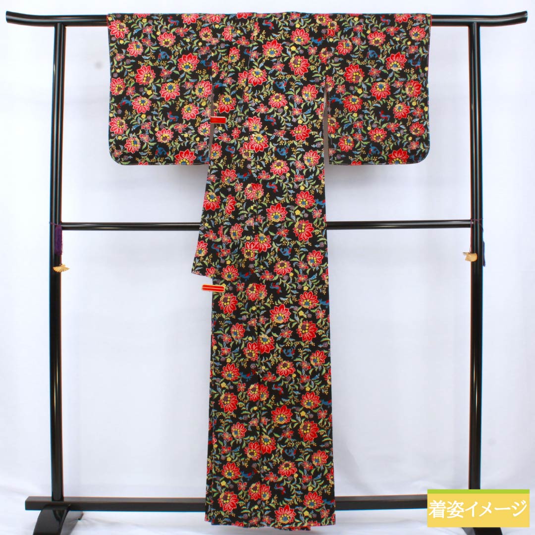 小紋 正絹 Aランク 身丈160.5cm 裄丈66cm 袷 洋花 鳥 しつけ糸付き 黒系 1115007073410